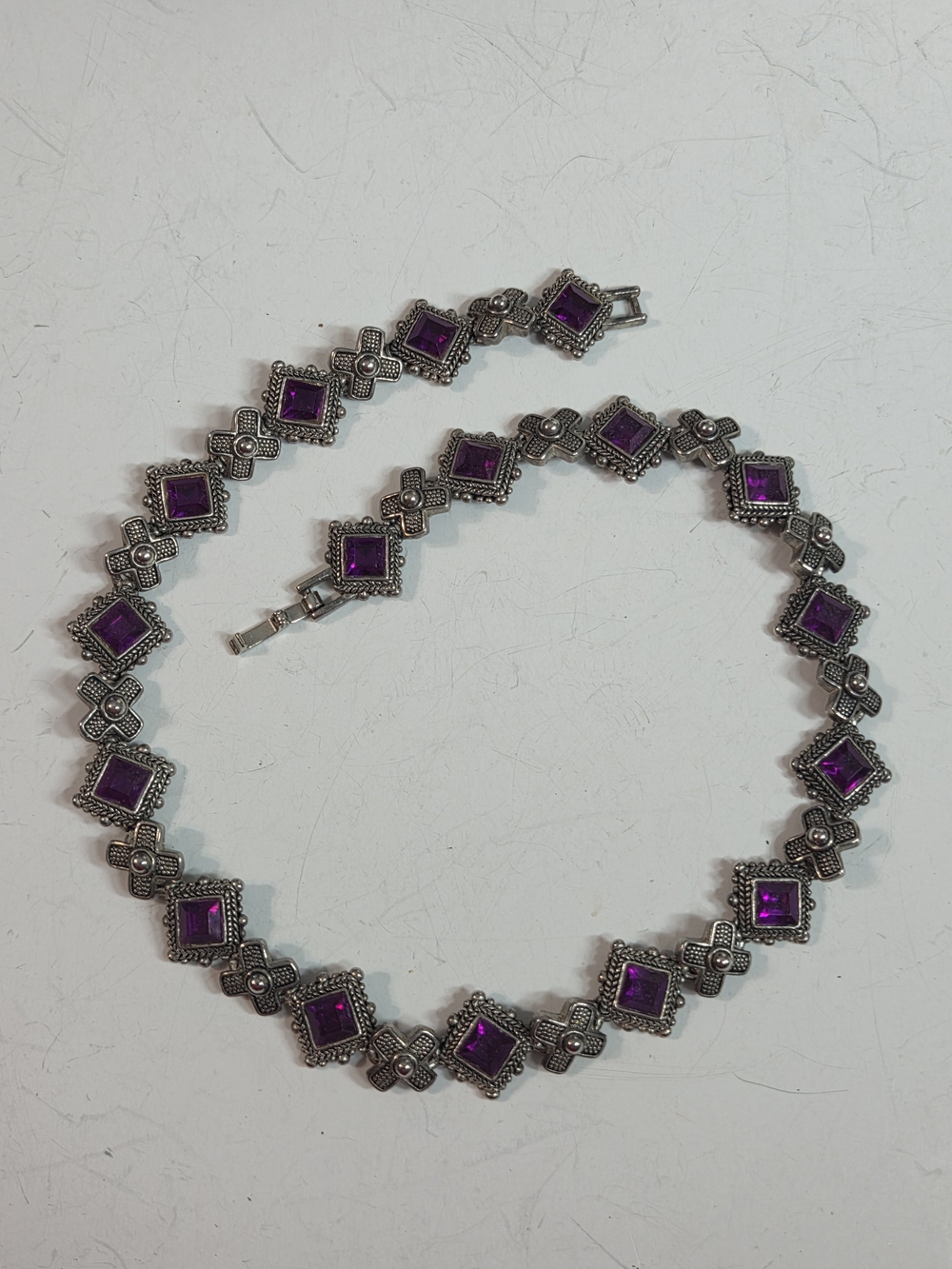 Vintage art deco Inspired Purple magenta acrylic Stone Silver Necklace chunky